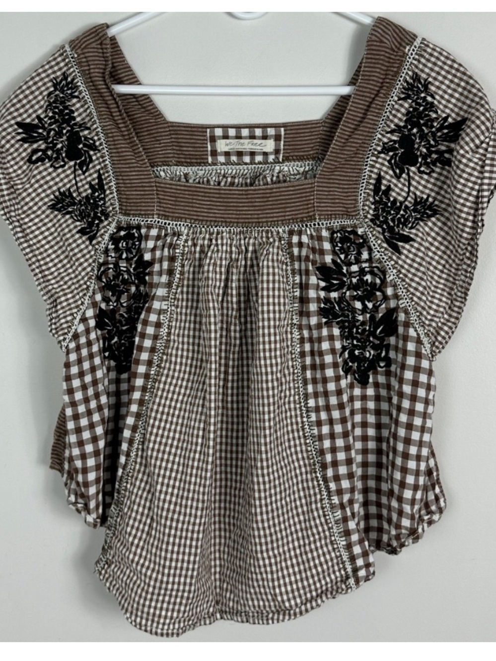 Free People Brown Western Plaid Embroidered Shirt Womens Size Large Half Moon L